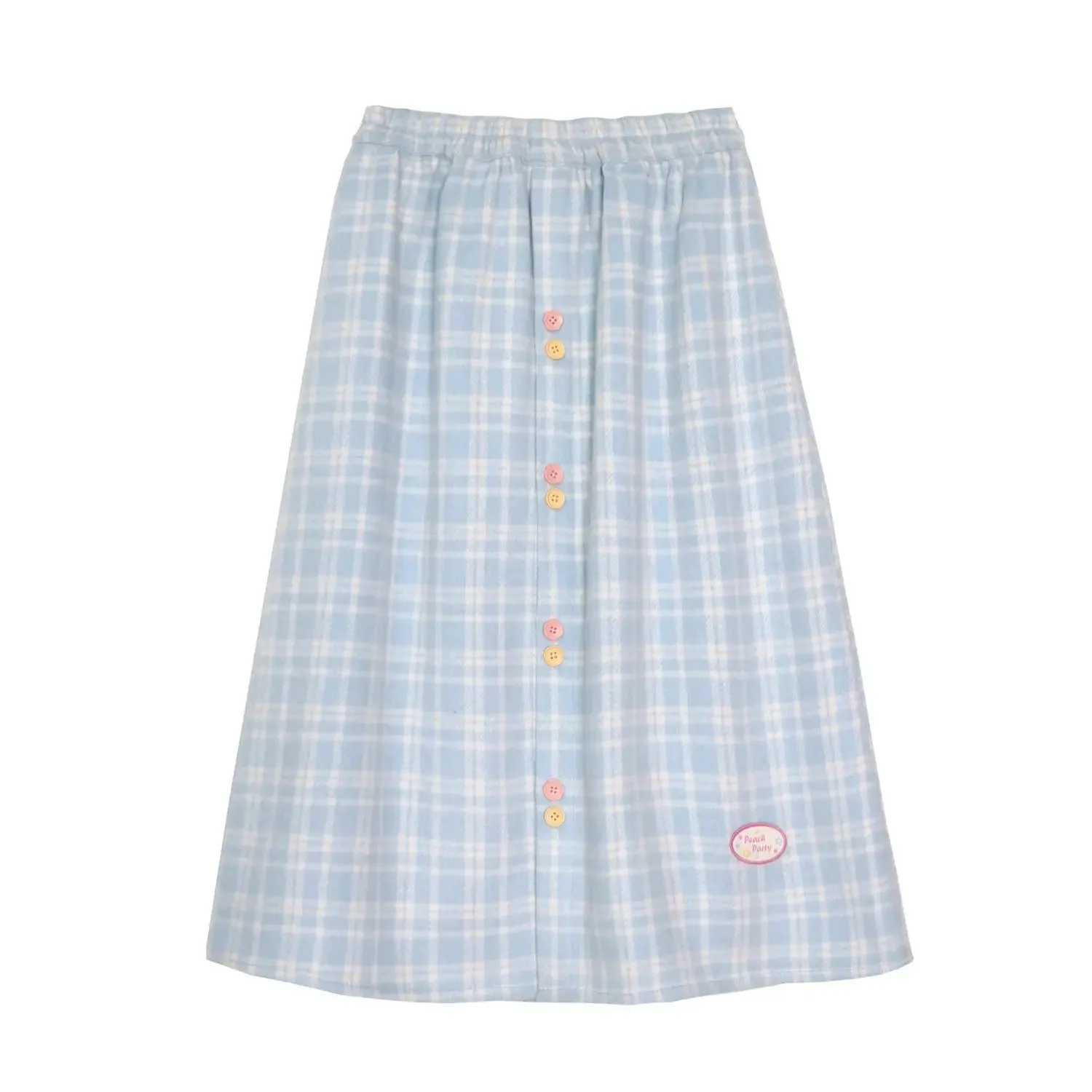 YESMYTOOL  -   Kawaii Plaid Skirt Women Winter Elastic Waist A-line Button Patchwork Cute Blue Woolen Long Skirt Harajuku Fashion