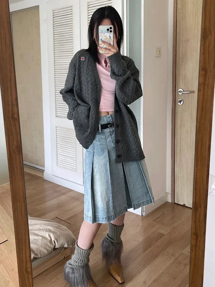 YESMYTOOL  -   Pleated Denim Skirt Women Korean Fashion Vintage High Waist Knee-Length A-line Midi Skirt Casual Y2k Streetwear Autumn