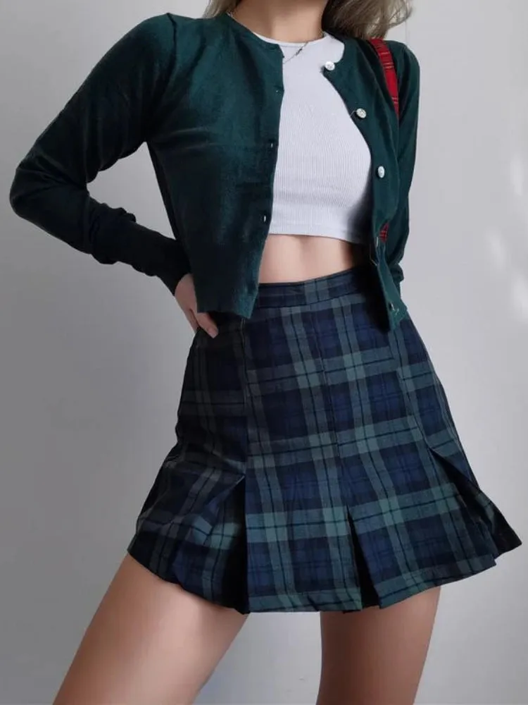 YESMYTOOL  -   Preppy Green Plaid Skirt Women England Style Vintage High Waist Cute Sexy Slim A-line Pleated Mini Skirt 90s Aesthetic