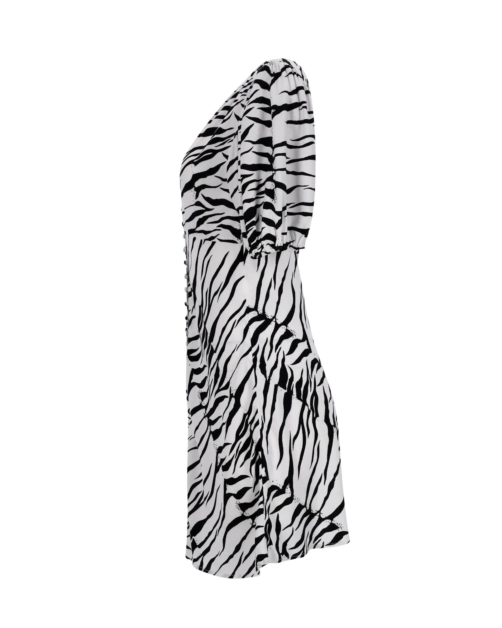 Zebra Print Mini Dress with Puffed Sleeves in Crepe de Chine Fabric