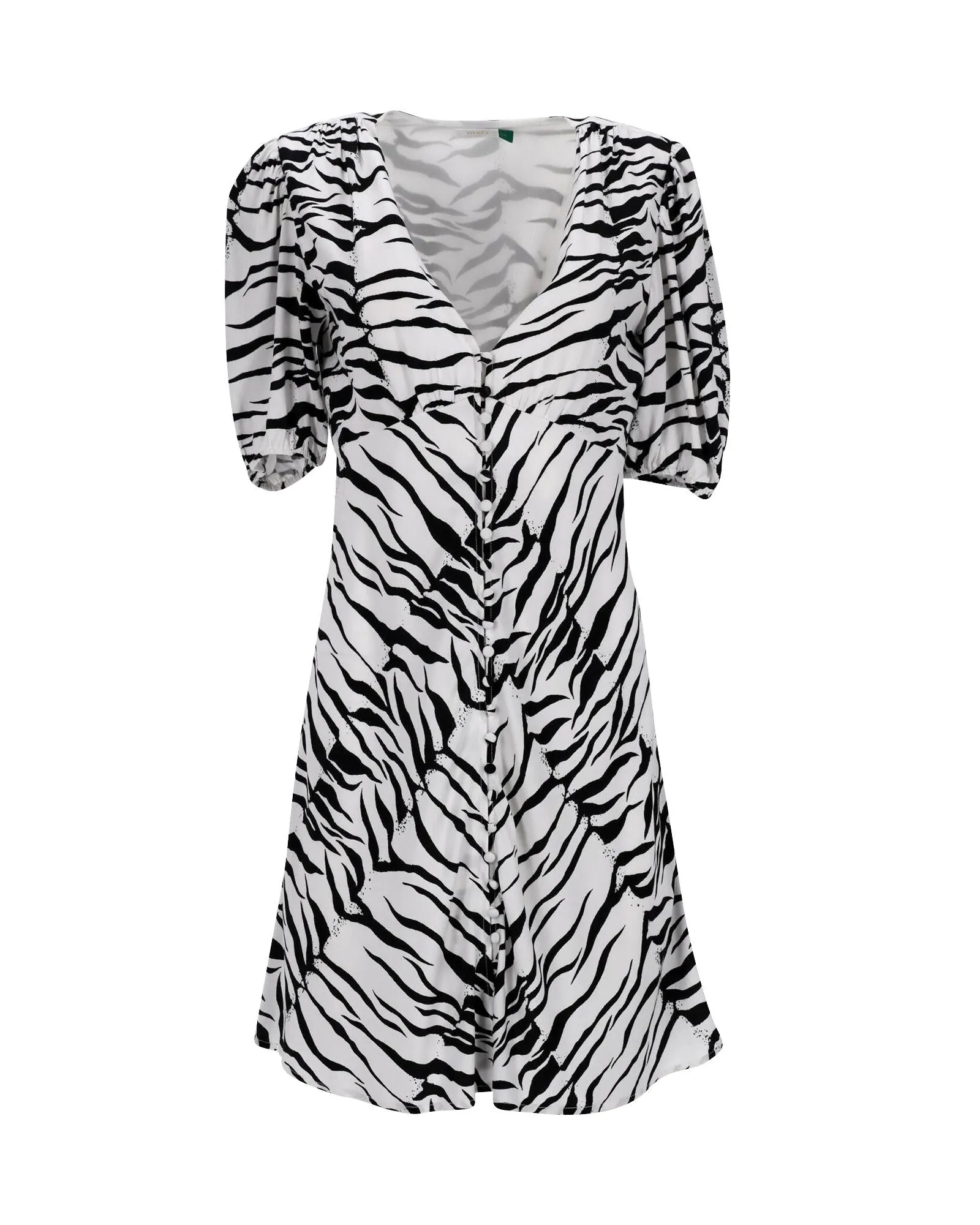 Zebra Print Mini Dress with Puffed Sleeves in Crepe de Chine Fabric