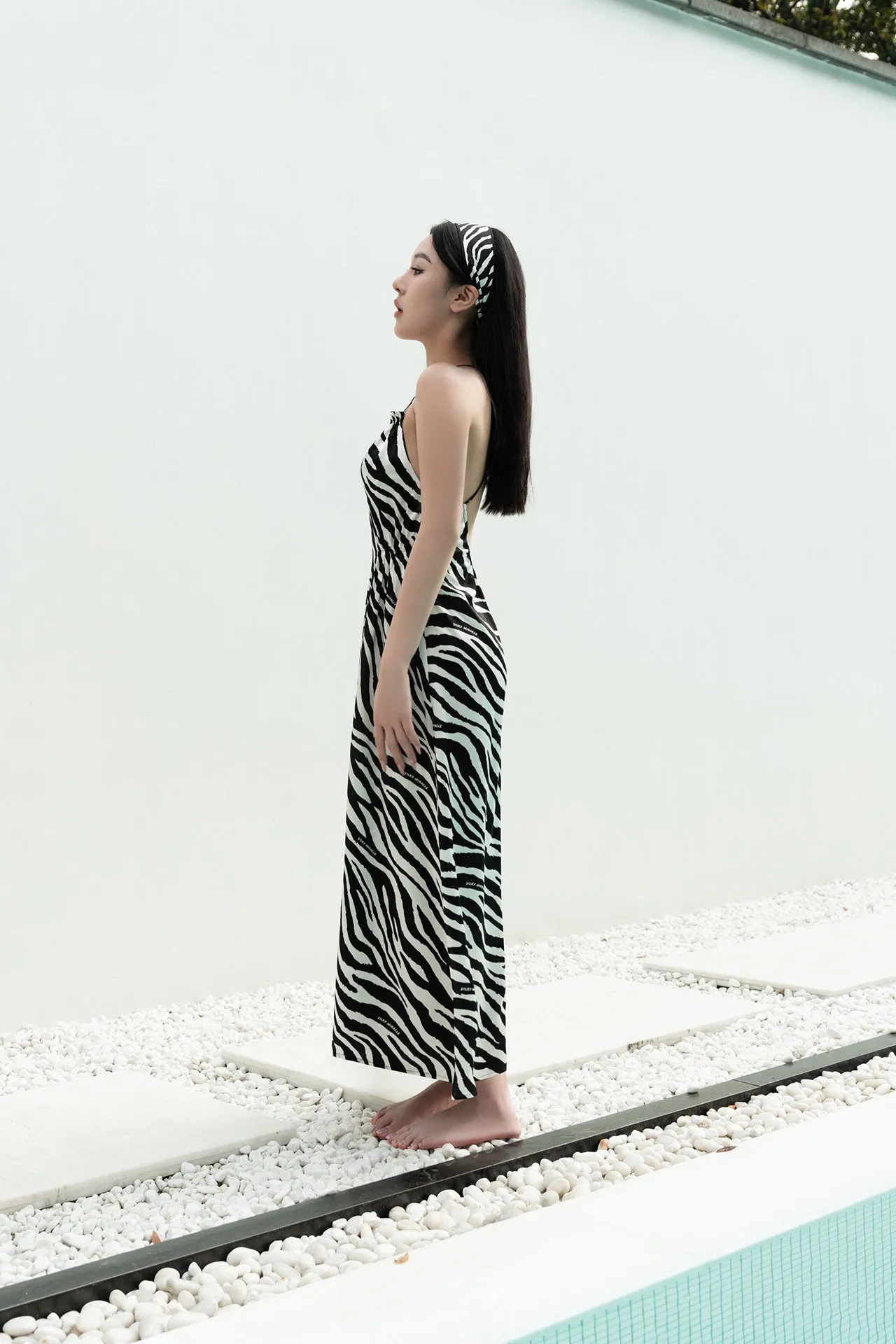 Zebra Print Open Back Silk Maxi Dress